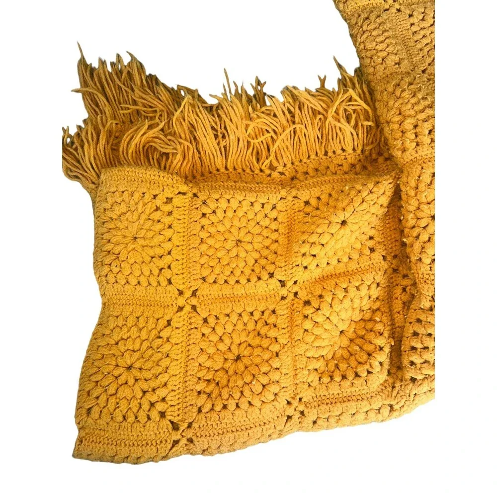 Handmade Yellow Crochet Afghan Blanket Vintage 70s Boho Cottagecore Throw Large